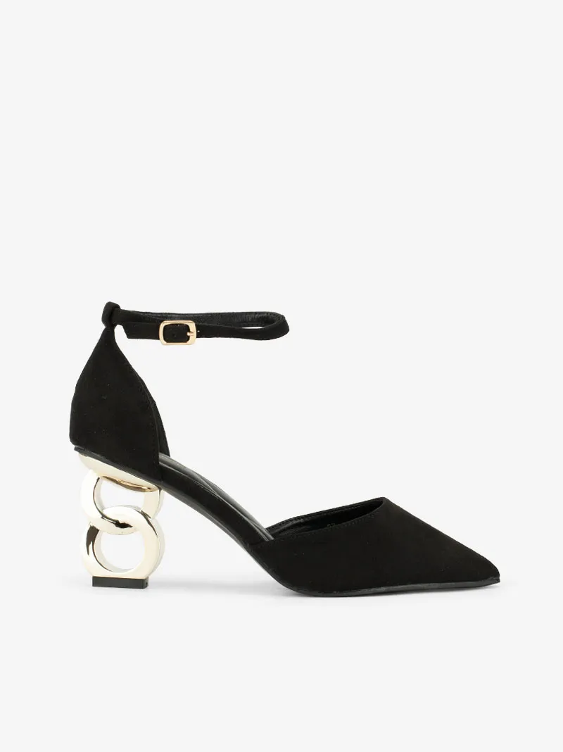 SAPATO PUMP ABERTO LATERAL DE TACÃO METÁLICO GEOMÉTRICO