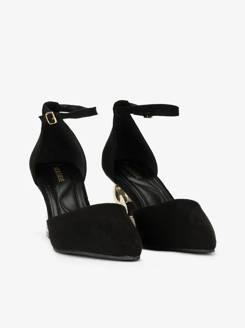 SAPATO PUMP ABERTO LATERAL DE TACÃO METÁLICO GEOMÉTRICO