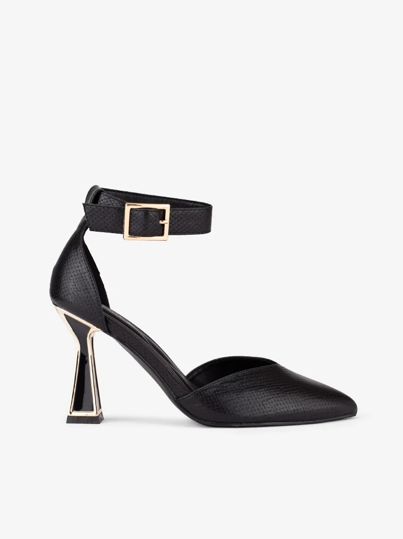SAPATO PUMP ESTAMPADO ABERTO LATERAL DE TACÃO METÁLICO GEOMÉTRICO