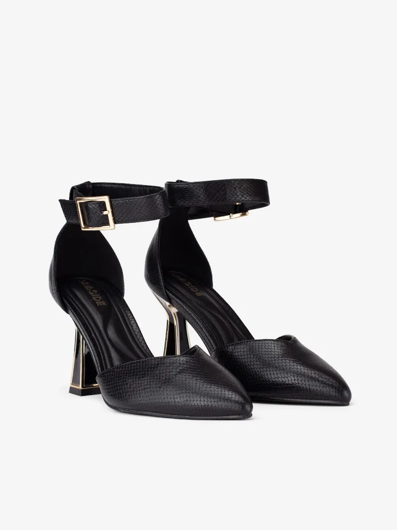 SAPATO PUMP ESTAMPADO ABERTO LATERAL DE TACÃO METÁLICO GEOMÉTRICO