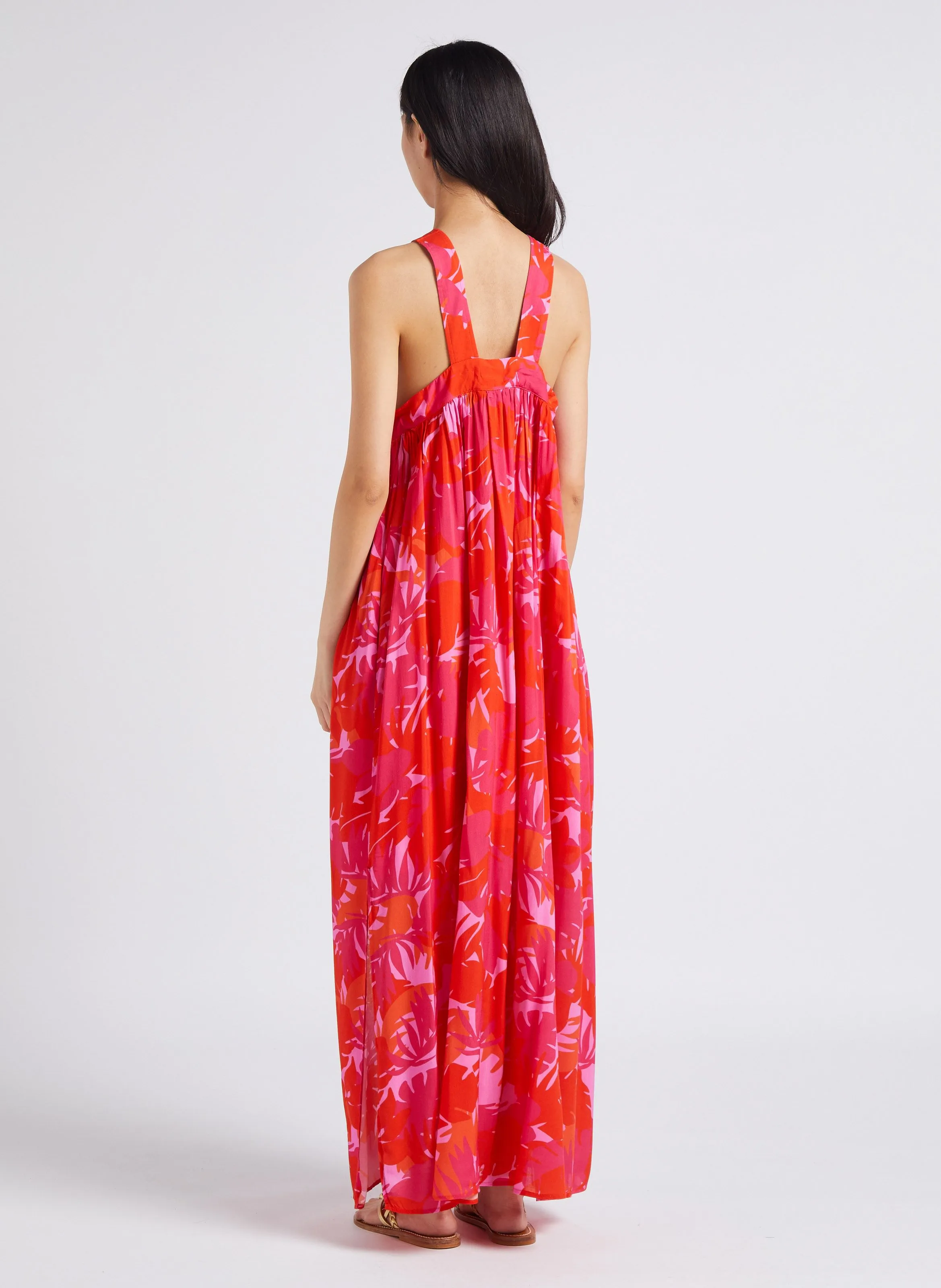SEE U SOON Vestido largo estampado con cuello cuadrado en rojo