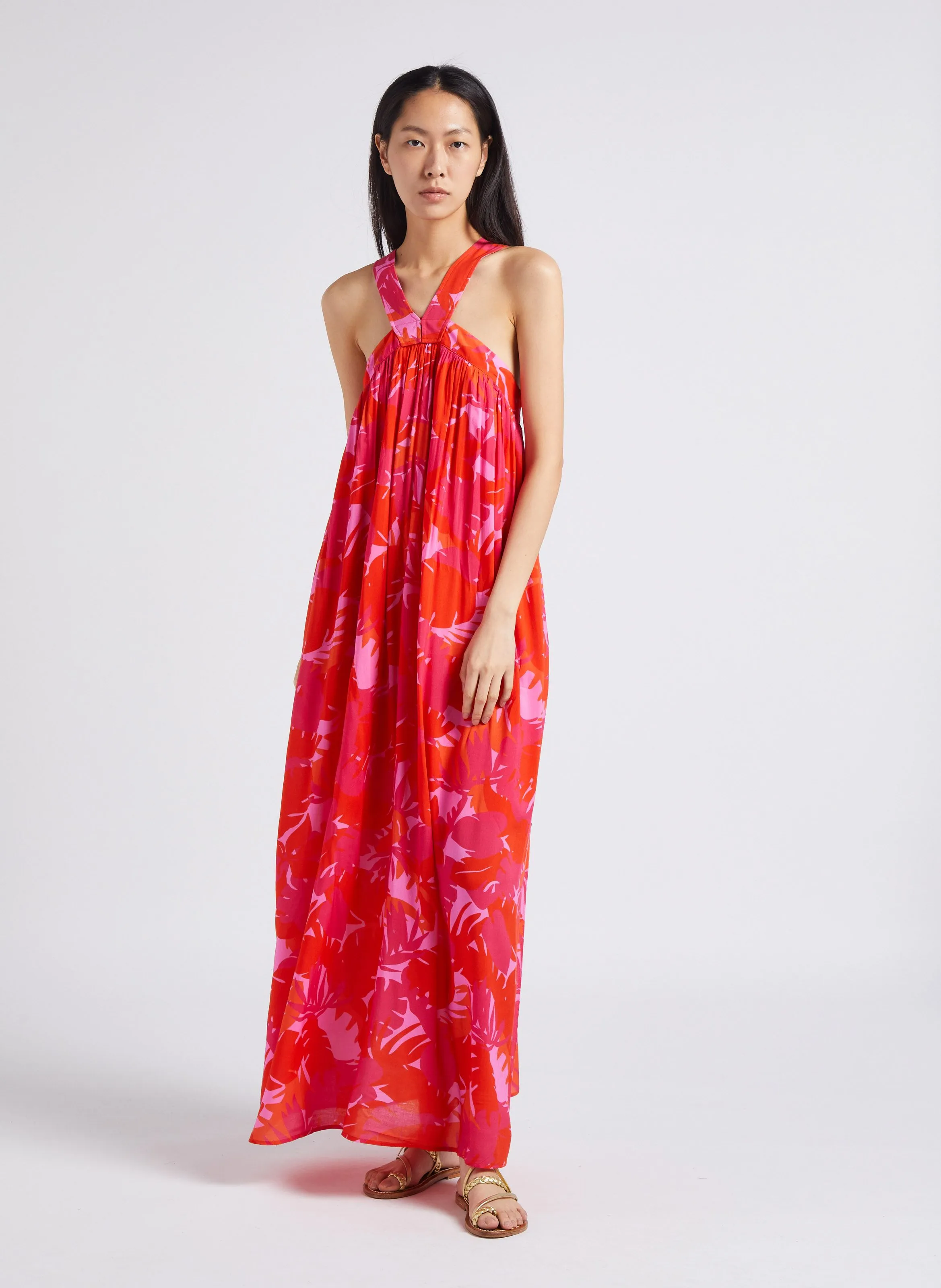 SEE U SOON Vestido largo estampado con cuello cuadrado en rojo