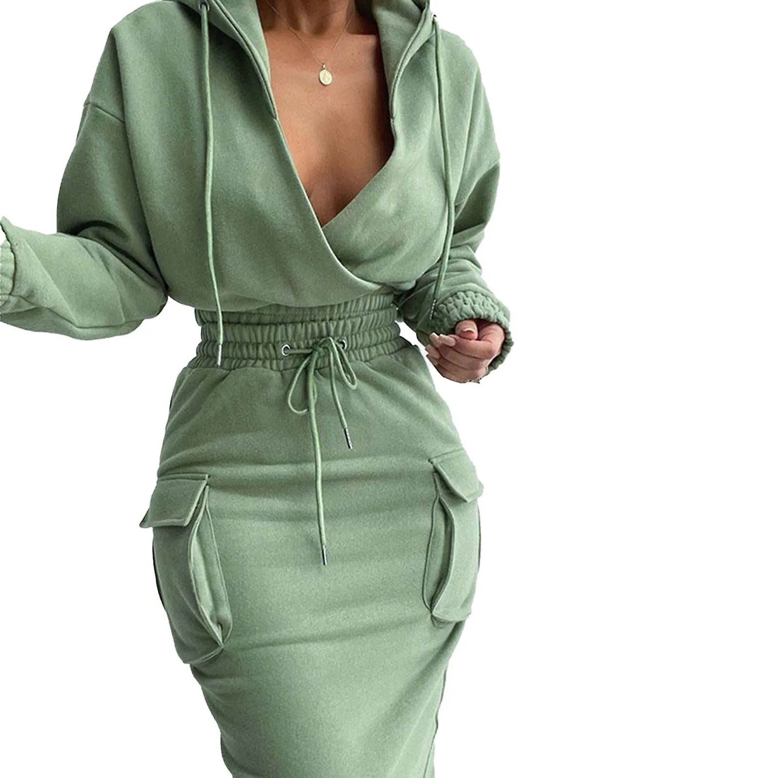 SIMPLE HOODED VNECK TOP SKIRT SUIT WITH DRAWSTRING VERSATILE COMFORTABLE CLOTHING FOR TRAVEL/DAILY/HOME