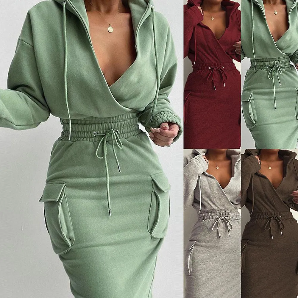 SIMPLE HOODED VNECK TOP SKIRT SUIT WITH DRAWSTRING VERSATILE COMFORTABLE CLOTHING FOR TRAVEL/DAILY/HOME