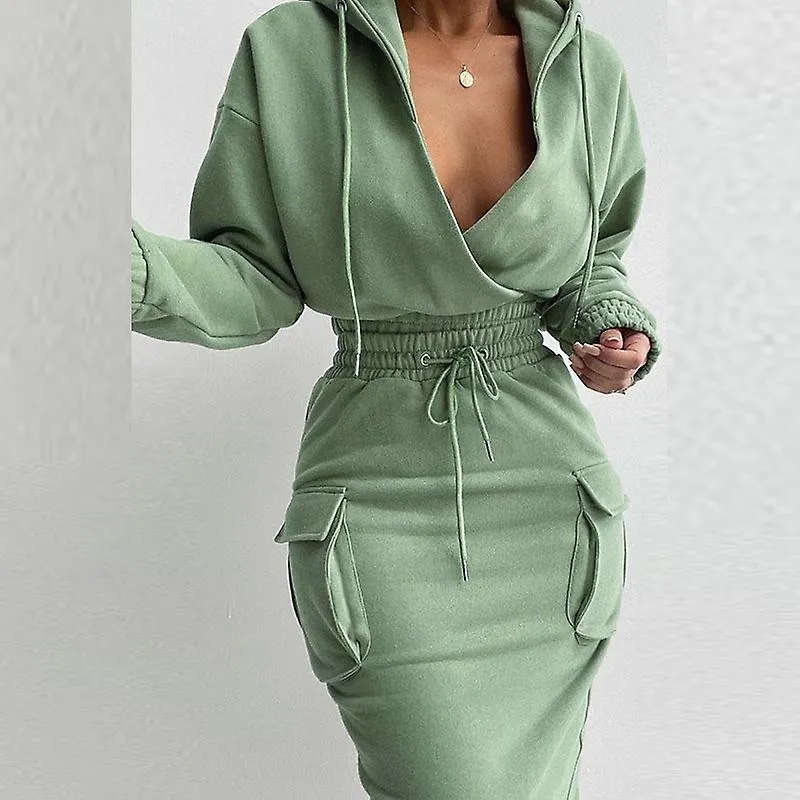 SIMPLE HOODED VNECK TOP SKIRT SUIT WITH DRAWSTRING VERSATILE COMFORTABLE CLOTHING FOR TRAVEL/DAILY/HOME