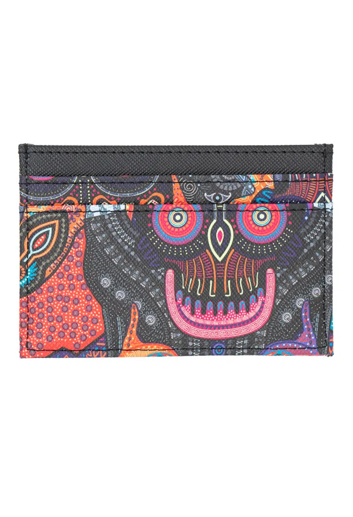 Tarjetero Kuxtal Saffiano Placa Dorada Día de Muertos Mictlán Negro