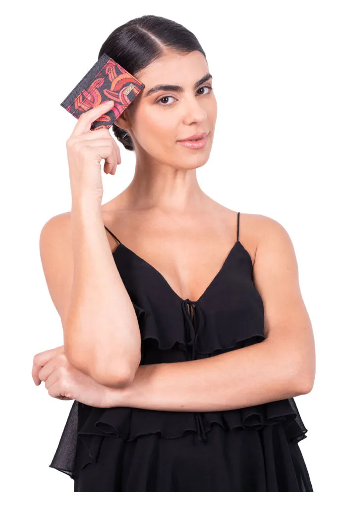 Tarjetero Kuxtal Saffiano Quetzalcóatl Negro/Rojo