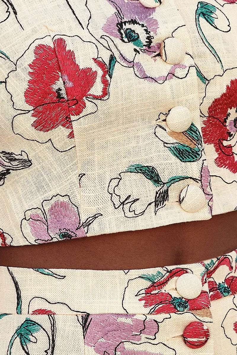 Top manga jamón lino bordado flores El Jaral