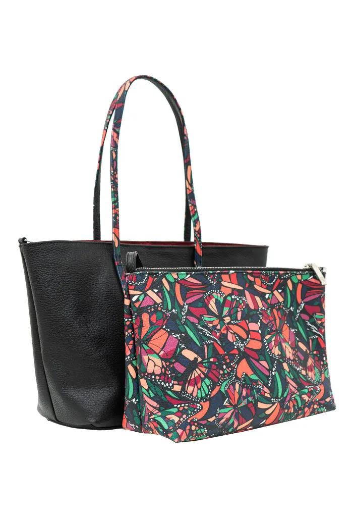 Tote Ocpan Negro Vuelo de Mariposa Verde/Rosa