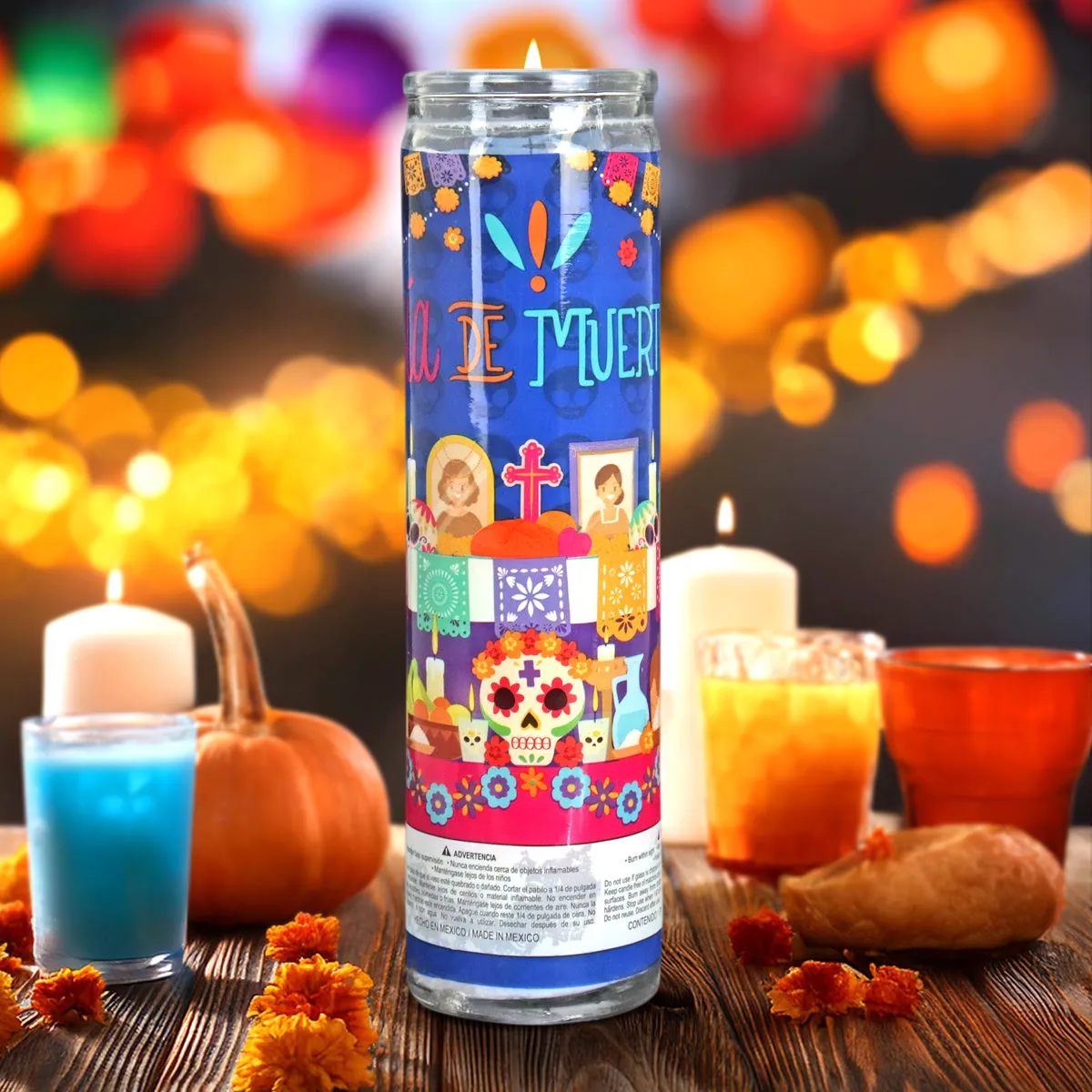 Veladora con Diseo de Altar para Día de Muertos, color Azul