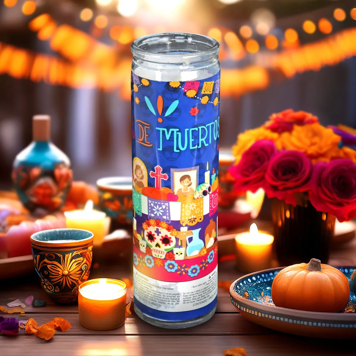 Veladora con Diseo de Altar para Día de Muertos, color Azul