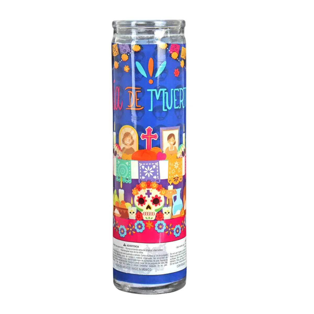 Veladora con Diseo de Altar para Día de Muertos, color Azul