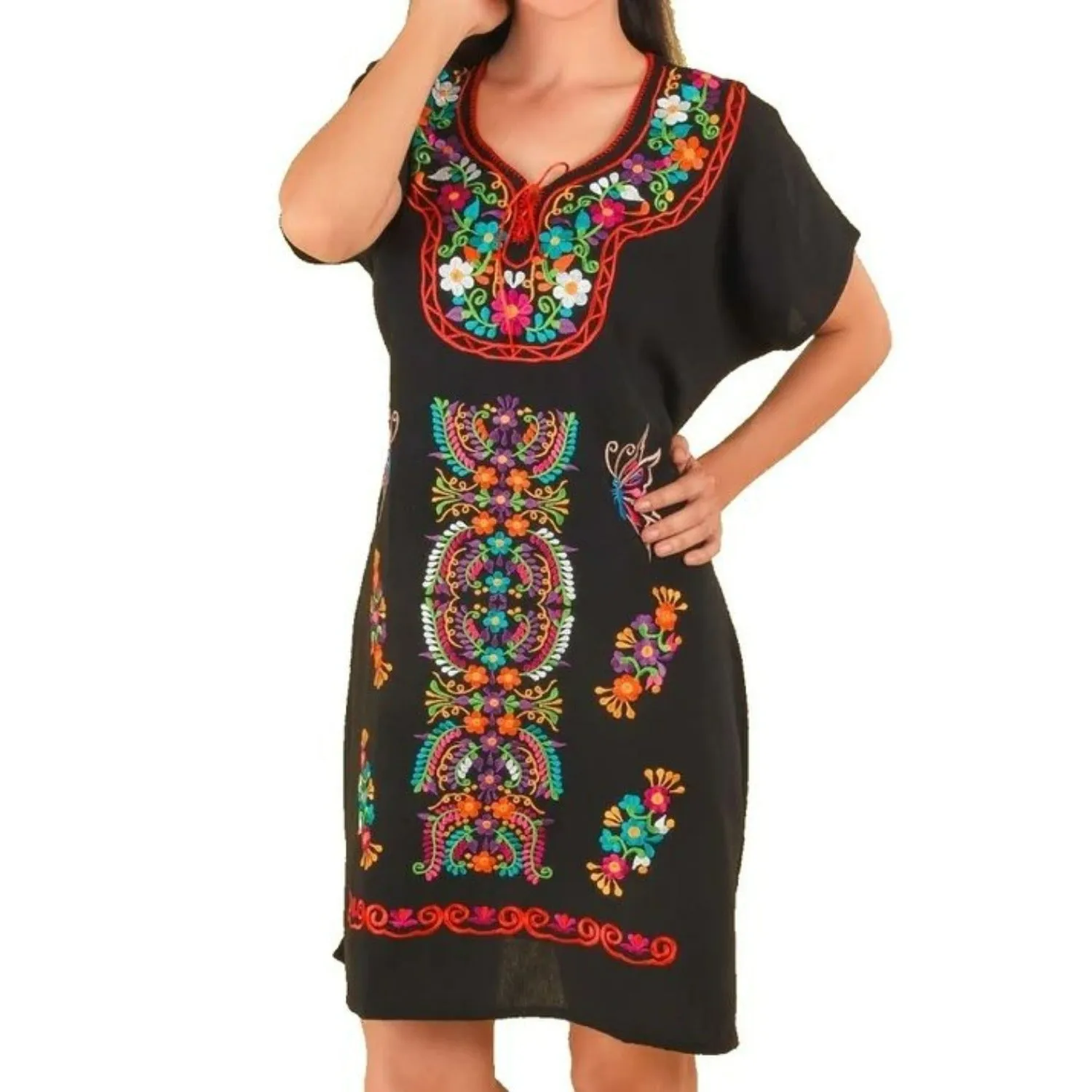 VESTIDO ARTESANAL FINO BORDADO COLOR NEGRO CON FLORES PARA MUJER IMP77123