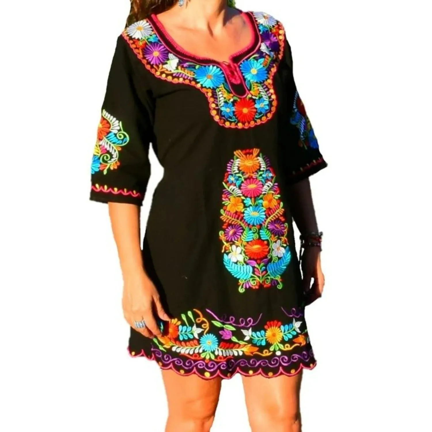 VESTIDO ARTESANAL FINO BORDADO COLOR NEGRO PARA MUJER IMP77373