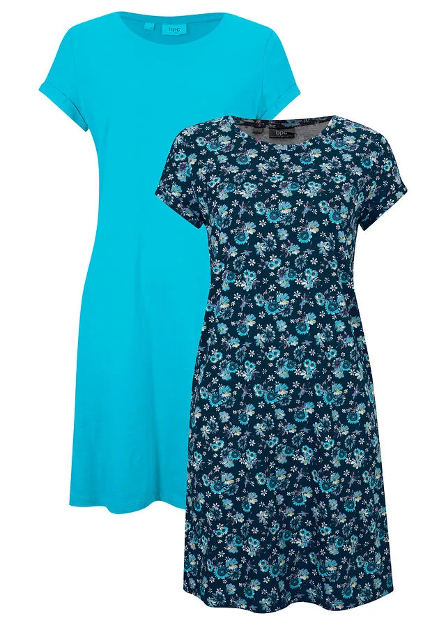 Vestido con aberturas laterales (2 unidades) Azul oscuro de flores + azul caribe monocolor
