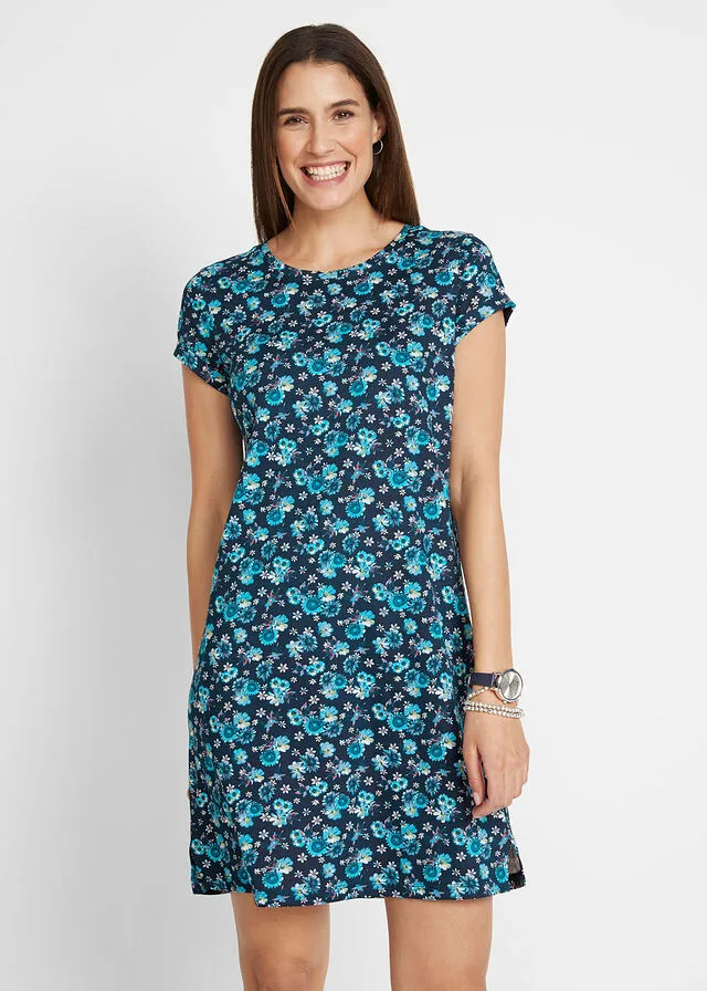 Vestido con aberturas laterales (2 unidades) Azul oscuro de flores + azul caribe monocolor