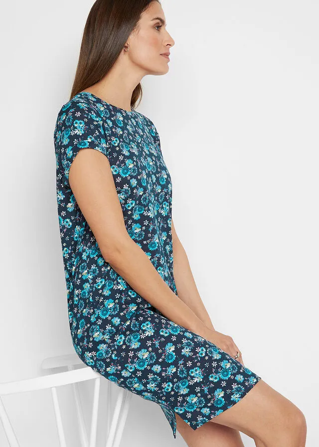 Vestido con aberturas laterales (2 unidades) Azul oscuro de flores + azul caribe monocolor