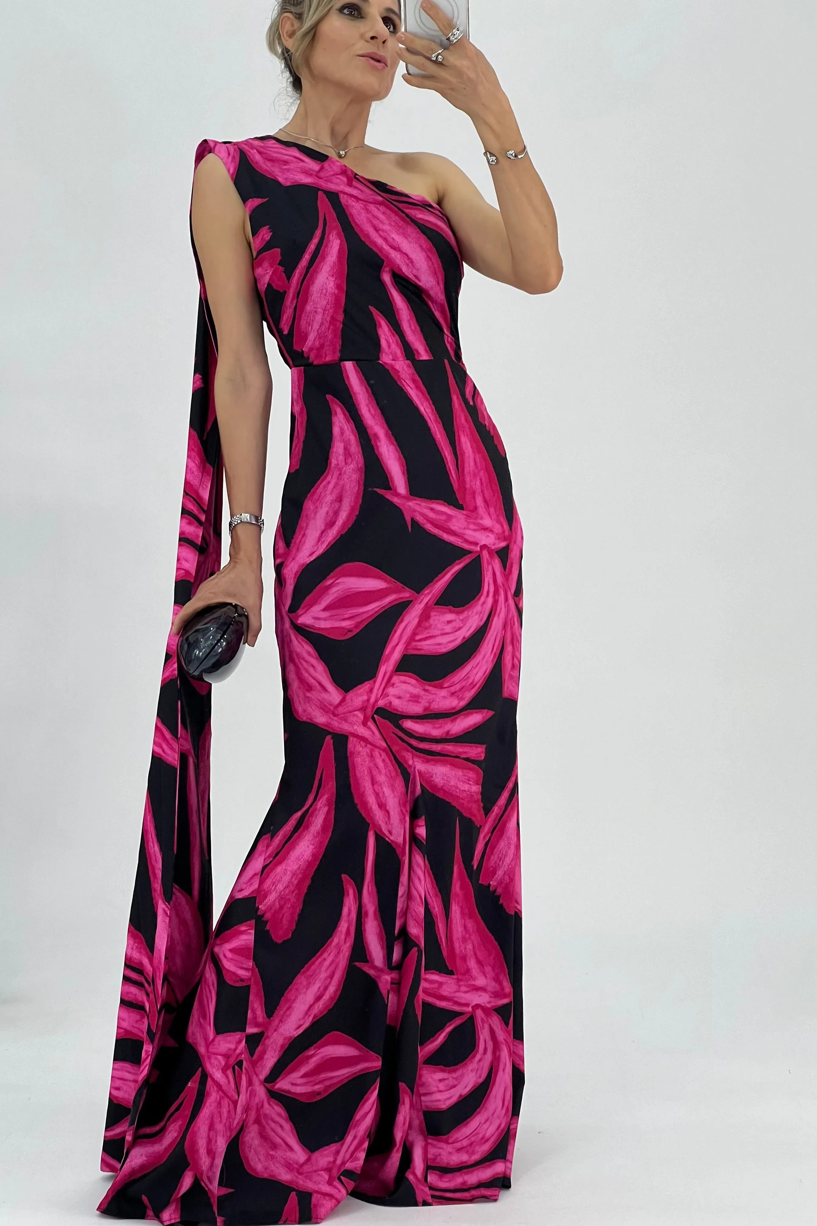 VESTIDO HOJAS UN HOMBRO