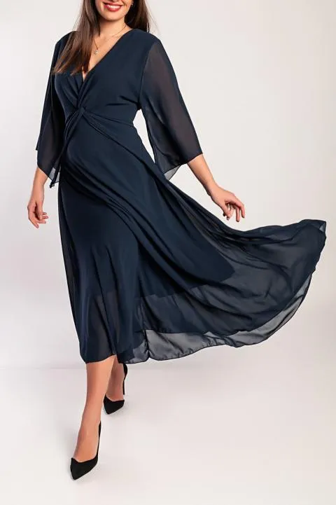 Vestido largo con cuello de pico, azul oscuro