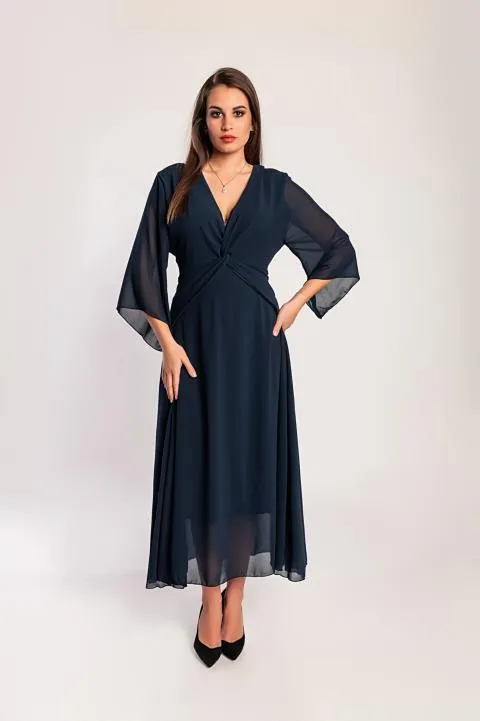 Vestido largo con cuello de pico, azul oscuro