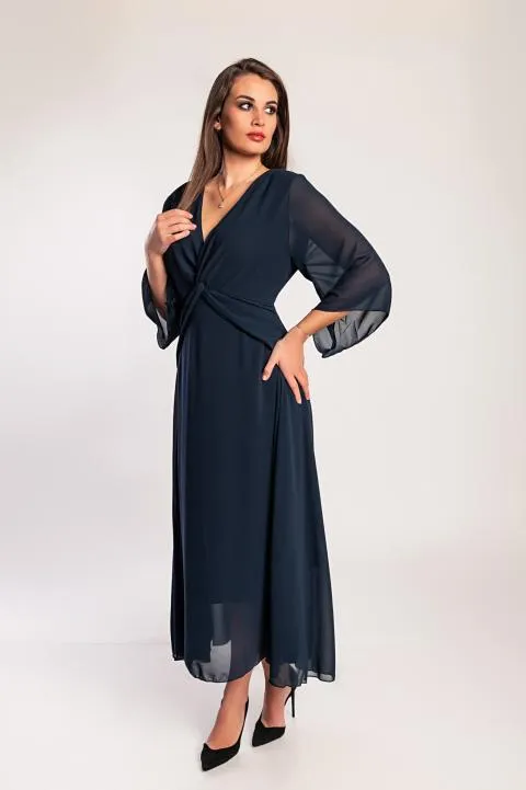 Vestido largo con cuello de pico, azul oscuro