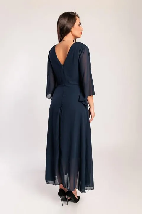 Vestido largo con cuello de pico, azul oscuro