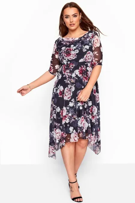 Vestido midi de manga corta y falda suelta con estampado floral Theine, negro