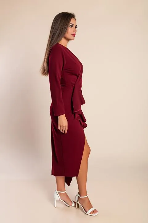 Vestido midi elegante con escote cruzado, volantes y mangas 3/4 Brynlee, burdeos