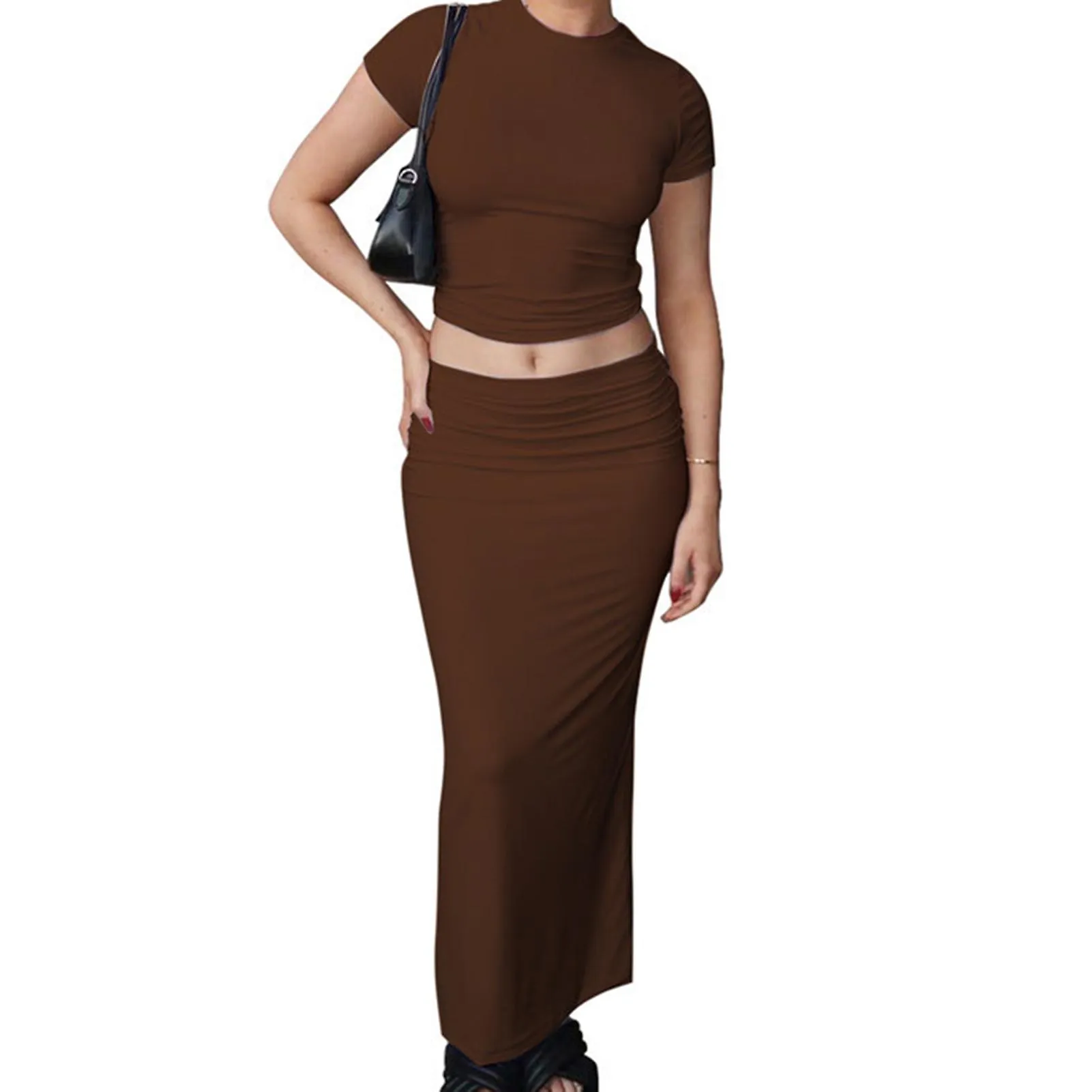 Women\'s Summer 2 Piece Outfits Crop Tank Top And Split Midi Bodycon Skirt Suitable For Spring Summer
