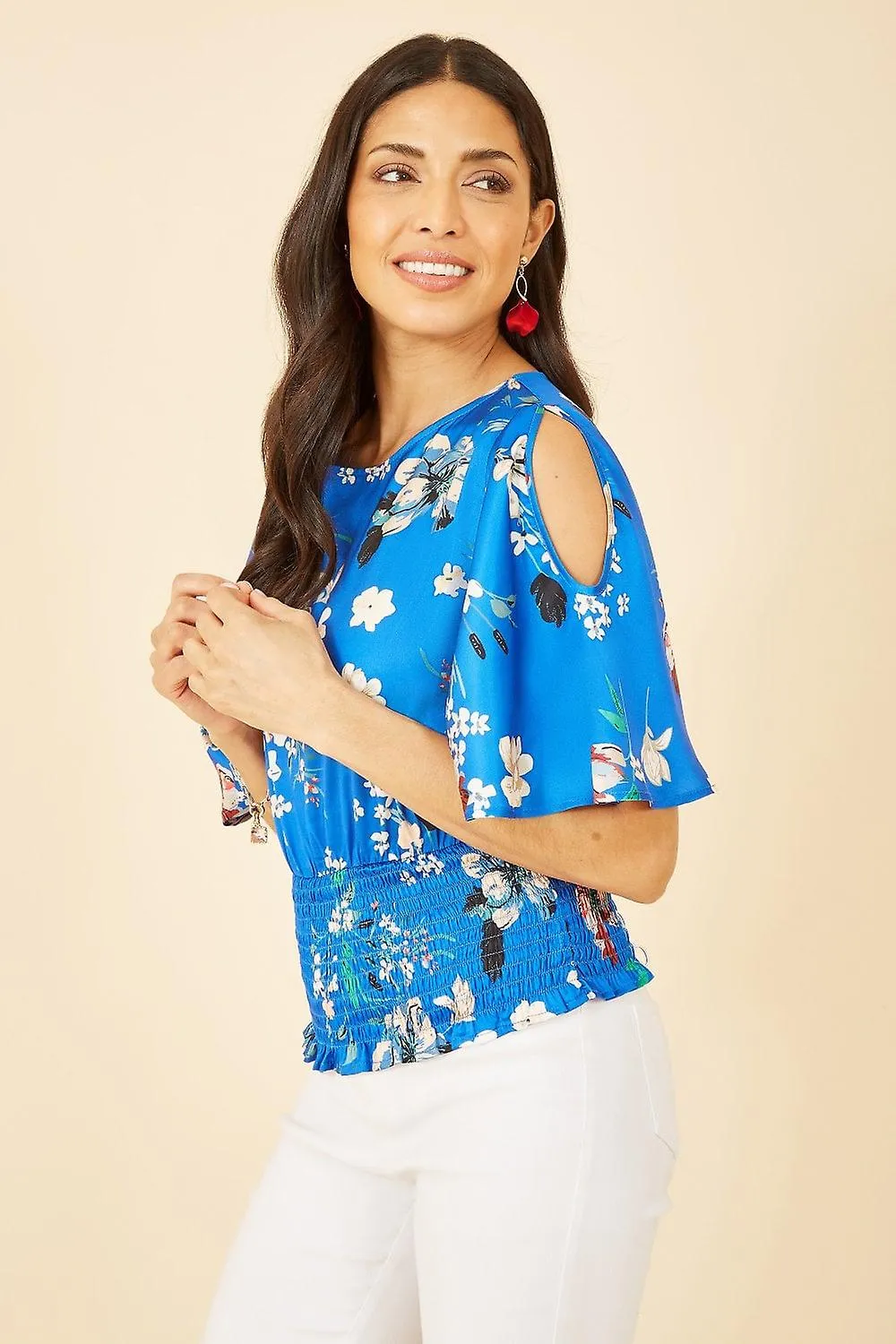 Women's Yumi Blue Floral Satin Top With Angel Sleeves
