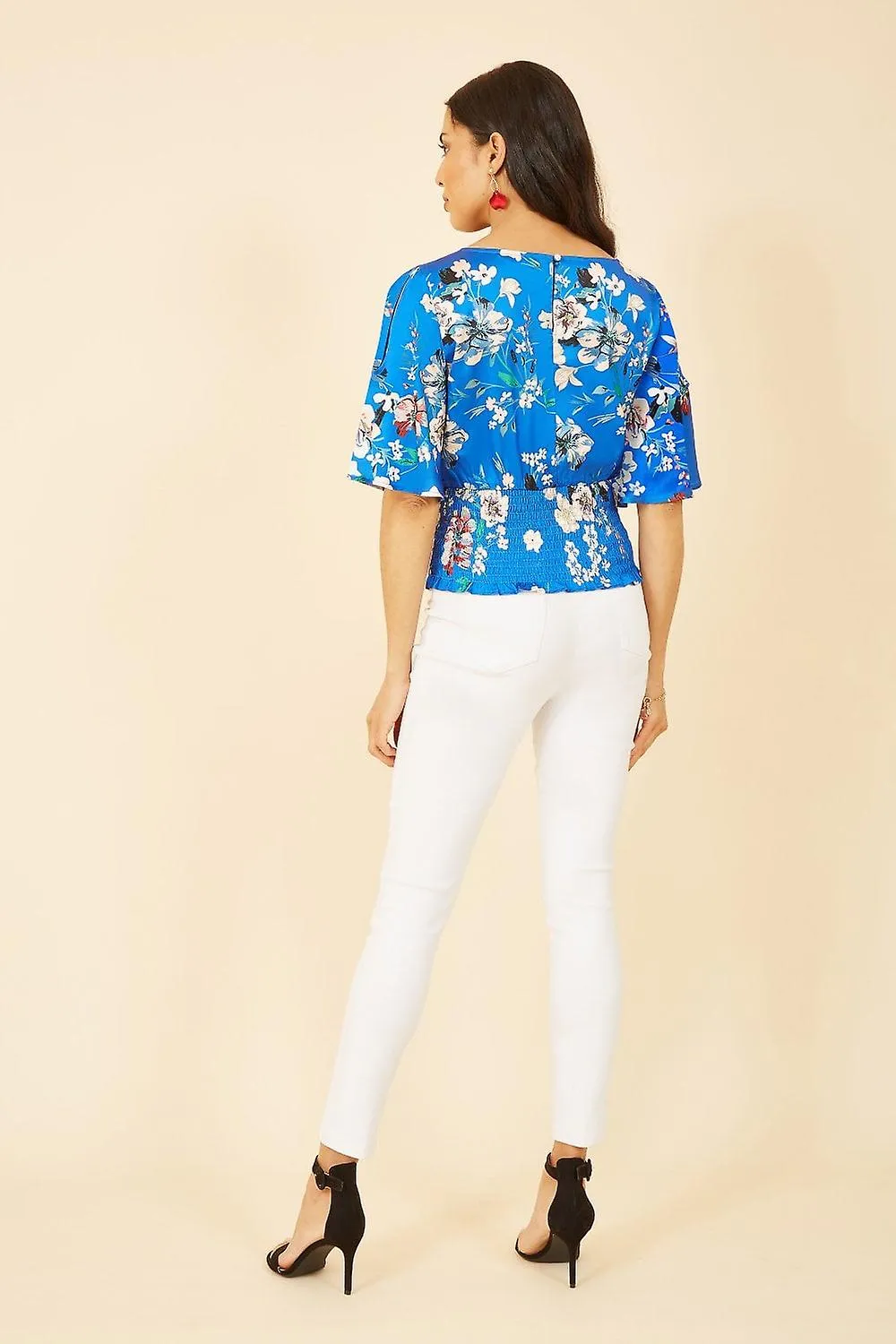Women's Yumi Blue Floral Satin Top With Angel Sleeves