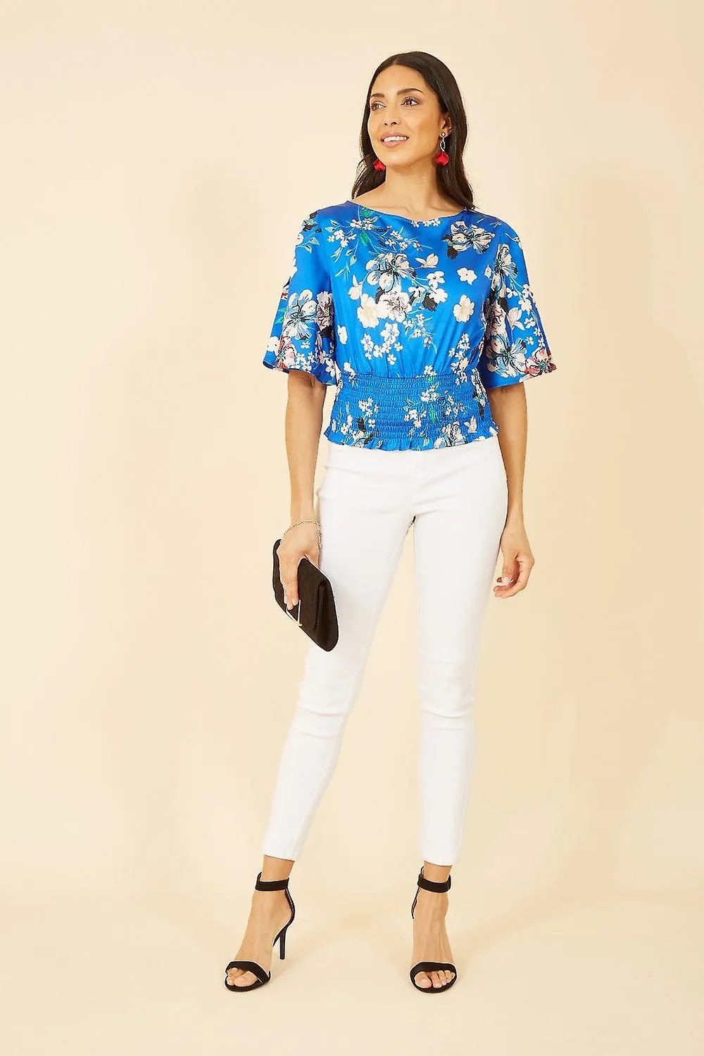 Women's Yumi Blue Floral Satin Top With Angel Sleeves