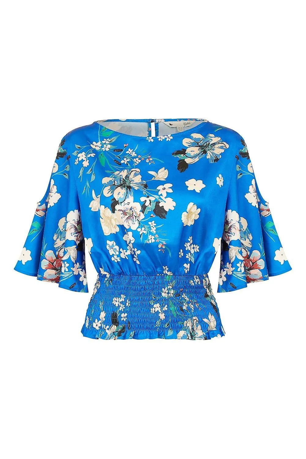 Women's Yumi Blue Floral Satin Top With Angel Sleeves
